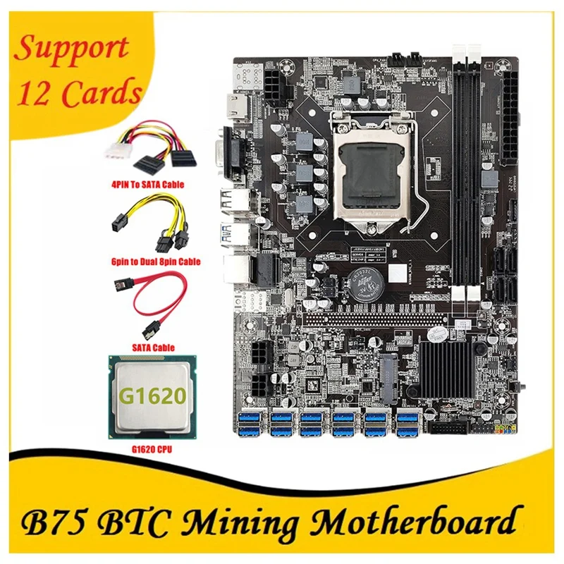 B75 BTC Mining Motherboard With G1620 CPU+6Pin To Dual 8Pin Cable+ SATA Cable LGA1155 12 PCIE To USB DDR3 B75 ETH Miner