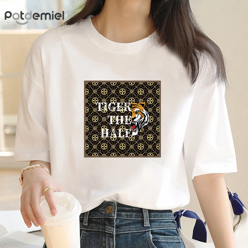 

Vintage Tiger The Half Print Cartoon Tees ​Kawaii Women T-shirt White Y2K Men 100%Cotton Top Loose Ladies Blouse Clothes