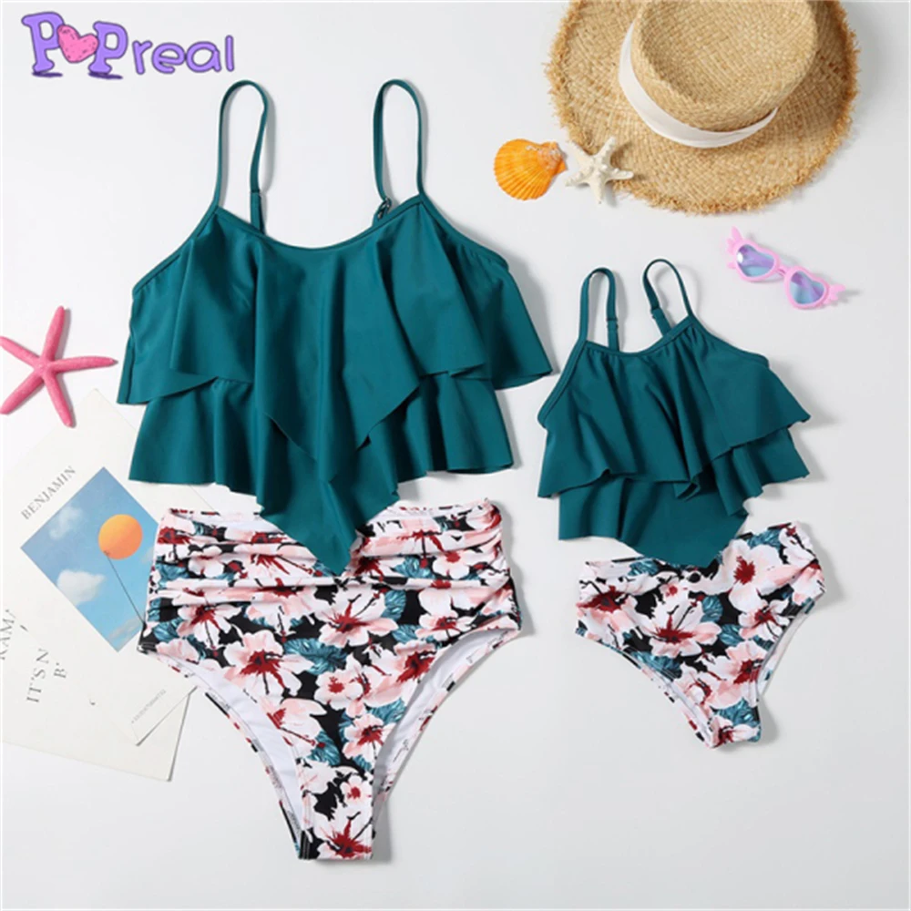 

PopReal Mother Daughter Swimsuits New Summer Stylish Green Ruffle Flower Print Mommy And Me Swimwear Bikini Matching Swimsuit