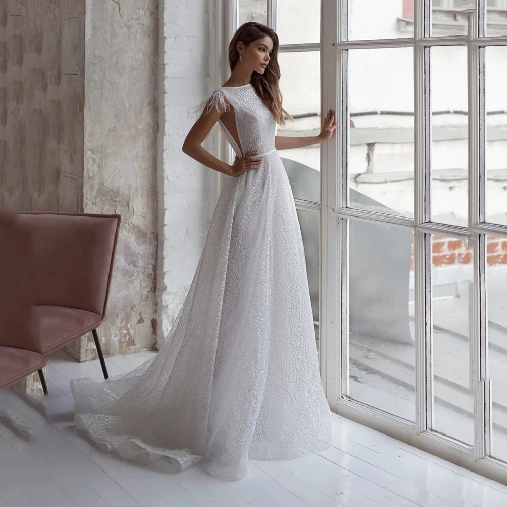 

13417#Boat Neck Princess Elegant Beach Backless Sleeveless A-Line Shiny Tulle Lace-up Sexy Simple Wedding Dress Bridal Gown