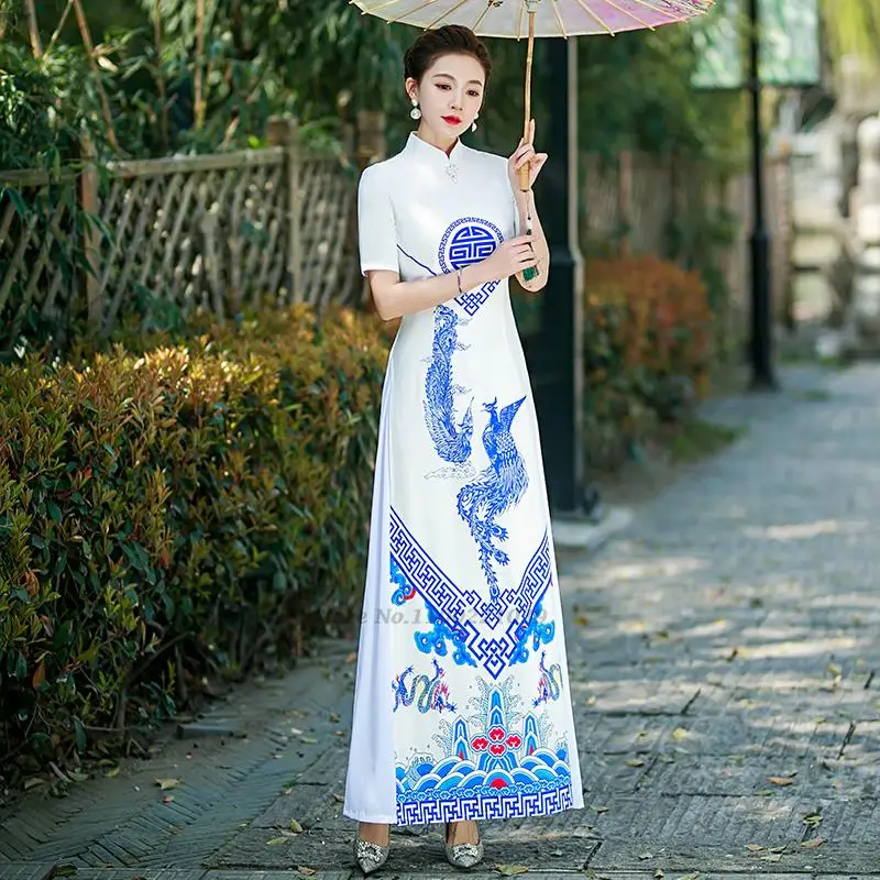 

2022 cheongsam ao dai vietnam elegant vintage dress retro mandarin collar phoenix print aodai dress chinese national dress qipao