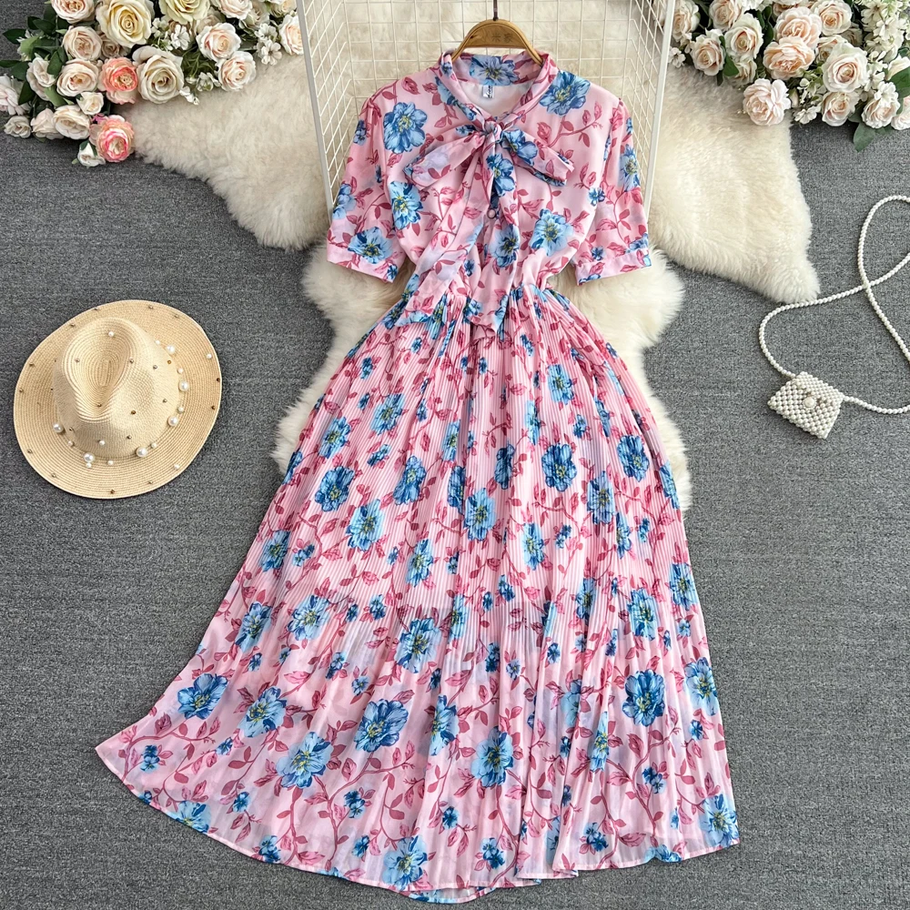 

French Short Sleeve Bow Tie Up Waist Slim Mid length A-line Pleated Floral Dress