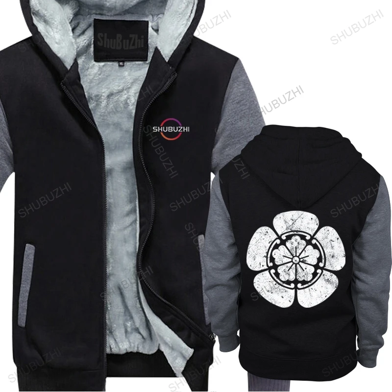 

Mens streetwear hooded zipper black thick hoody Oda Clan Mon Logo Shogun Samurai Ninja unisex winter hoodies brand clothing