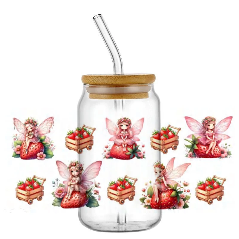 Красивая девушка-бабочка 16 унций клубника УФ DTF чашка обертки переводная
