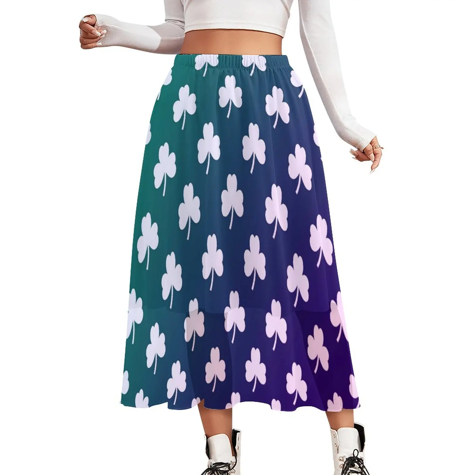 

Shamrock Skirt Ladies Blue Green Ombre Kawaii Long Skirts Printed Elastic Waist Street Fashion A-line Skirt Large Size