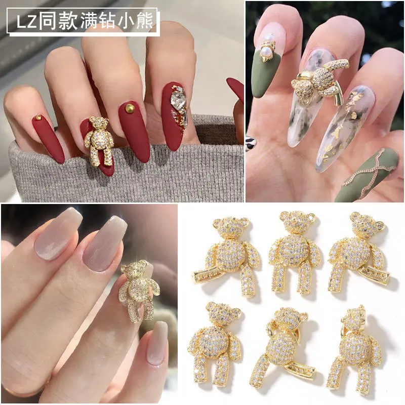 20Pcs Nail Art Rhinestones Gems Decorations Gold/Silver Alloy Bear Nail Charms For DIY Nail Diamond Luxury Nail Supply Jewelry