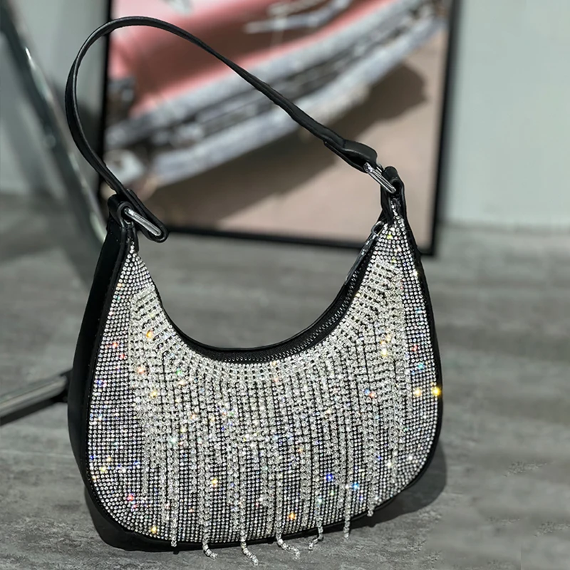 

JIOMAY Designer Luxury Bags Bling Rhinestones Handbag for Women 2023 Shiny Ladies Chain Wedding Party Half Moon Bag with Tassels