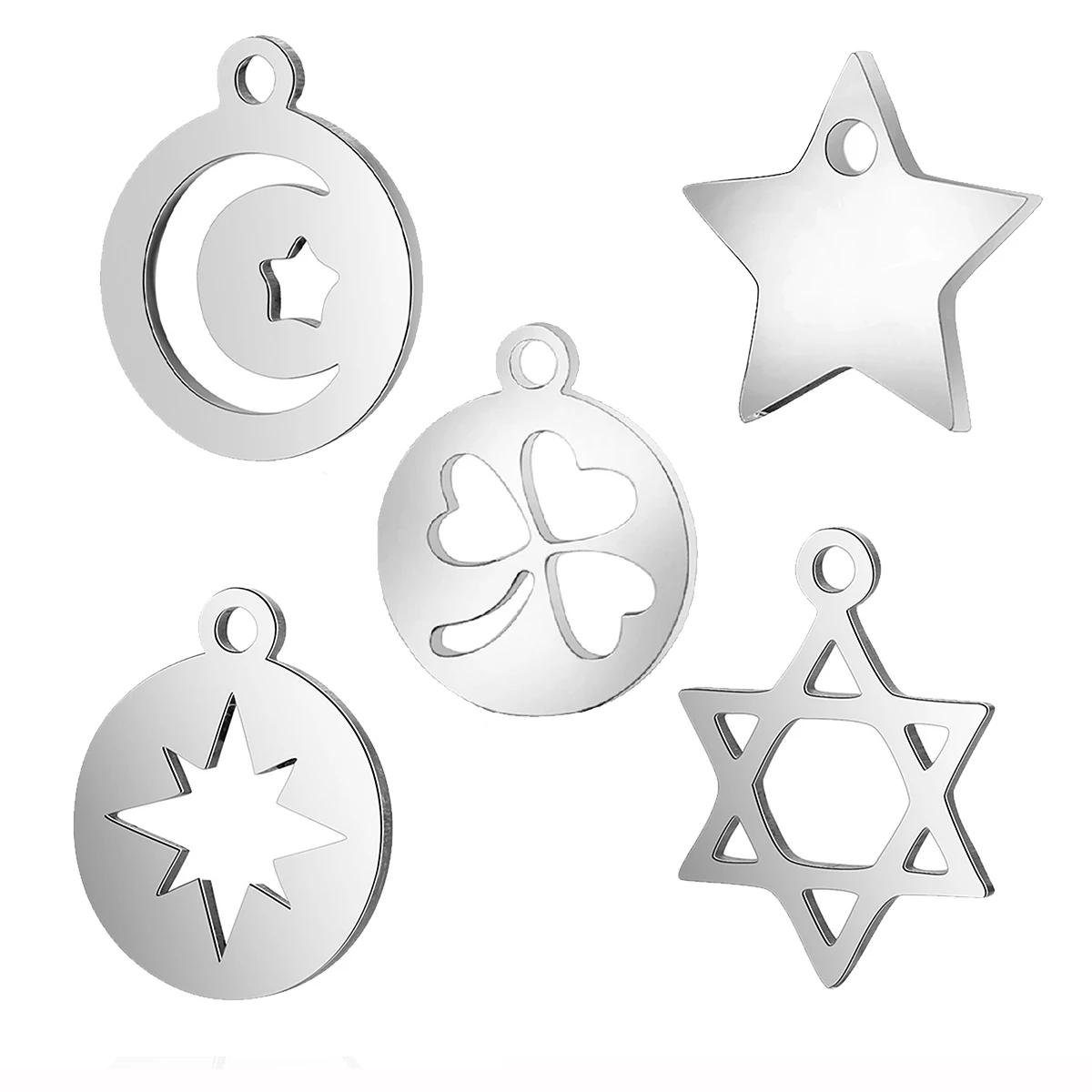 

10Pcs Round Clover ＆ Crescent Moon Charm Stainless Steel Star Pendant Accessories DIY Jewelry Making Supplies Bracelet Necklace
