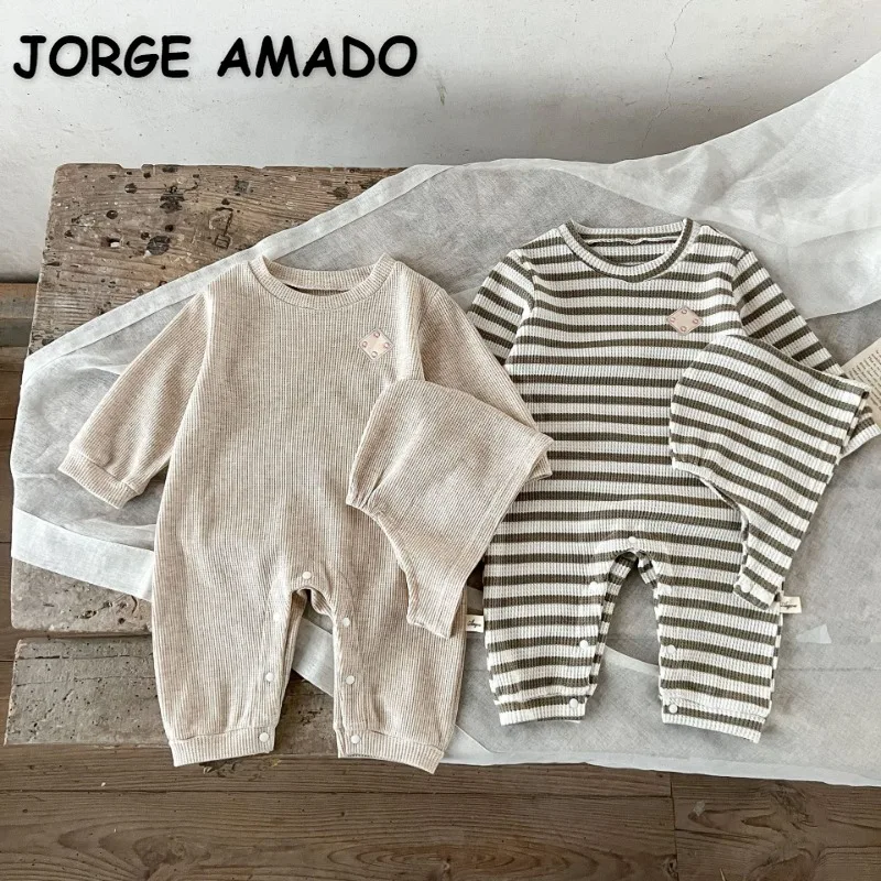 

Korean Style New Autumn Baby Girl Boy Rompers Stripe Waffle O-neck Long Sleeve Jumpsuit with Hat Newborn Crawling Clothes E23119