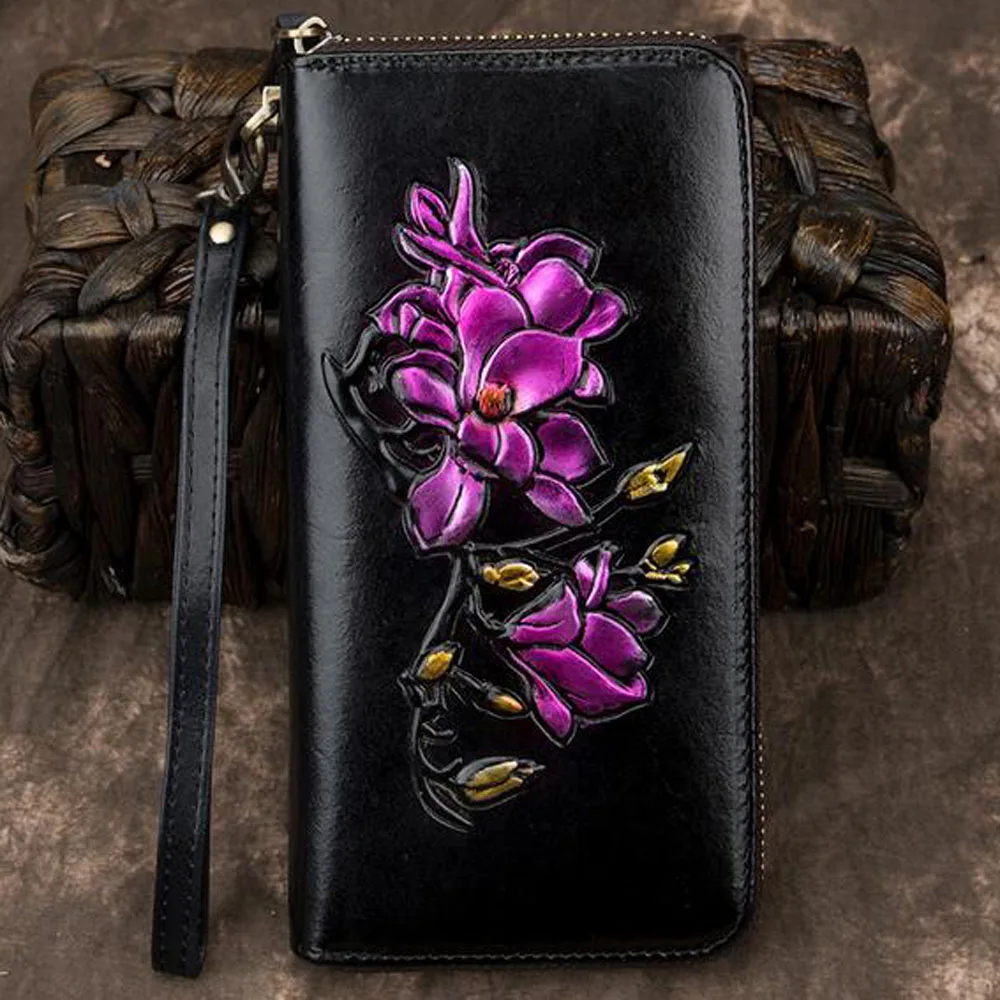 Women Clutch Wallet Zipper Bag Female ID Credit Cards Clips Floral Genuine Leather Embossed Printing Long Purse Wrist Money B | Багаж и