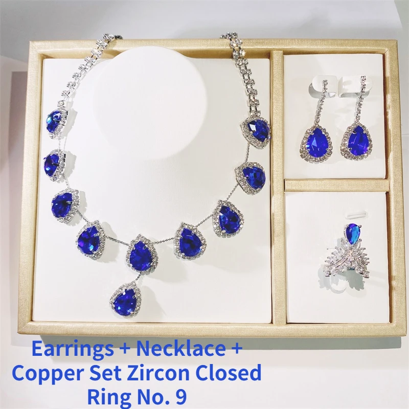 

Fashion Ladies Jewelry Set Blue Waterdrop Rhinestone Necklace with Silver Inlaid Zircon Pendant Premium Luxurious Accessories