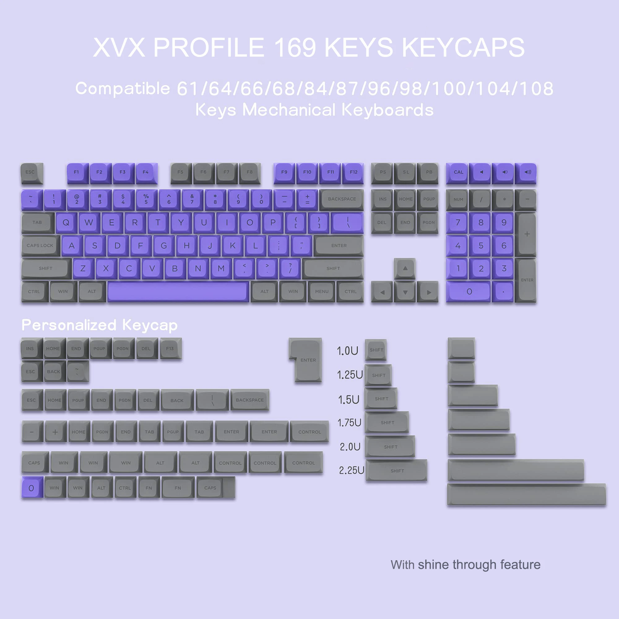 

169/189 Key PBT Keycap Double-shot XVX Profile Keycaps Purple Backlit Key Cap For GK61/Anne Pro 2 Mechanical Gaming Keyboards