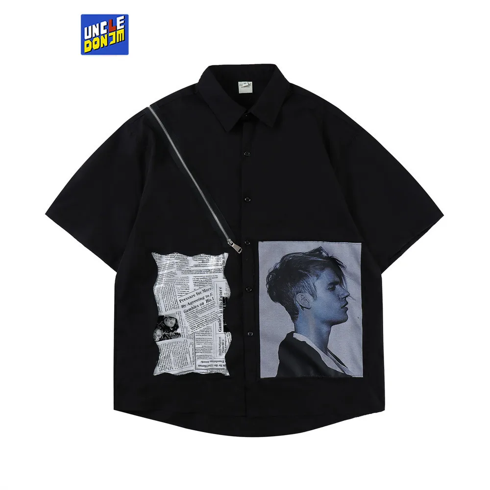 

Character Print Men Clothing Zipper Design Short Sleeve Shirts Men High Street Oversize Shirt 2022 Summer Beach Shirt Dropship