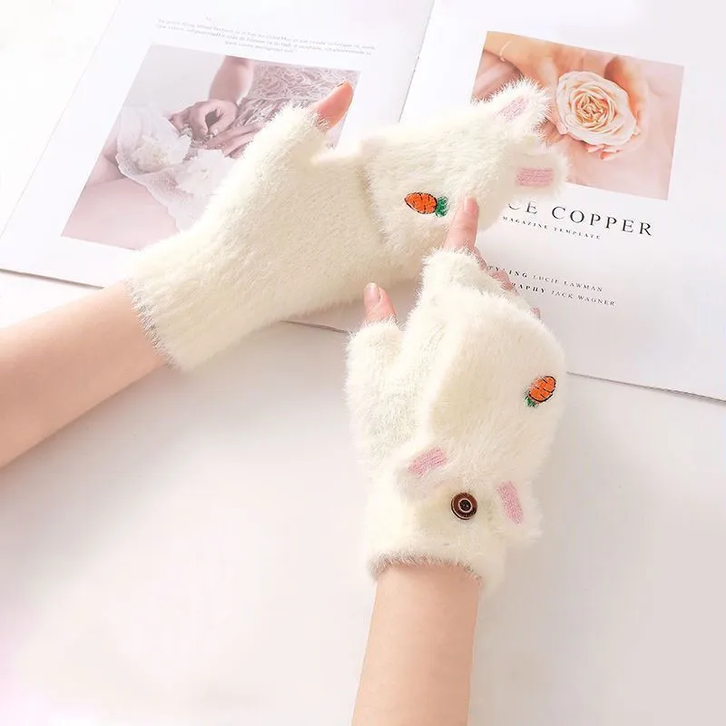 

Winter Warm Half Fingers Flip Knitted Gloves for Women Girls Cute Cartoon Carrot Rabbit Ears Plush Gloves Thicken Cycling Mitten