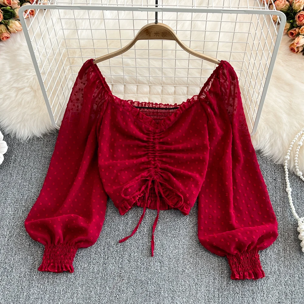 

2022 Spring Autumn Vintage Bubble Pleated Drawstring V-neck Chiffon Shirt Foreign Style Versatile Short Open Belly Top Blouses