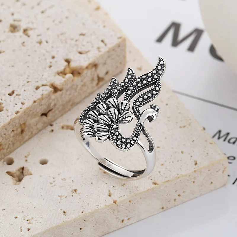 S925 Sterling Silver Women's Large Rings Retro Ethnic Style Peacock Phoenix Shape Hollow Opening Adjustable Ring Luxury Jewelry