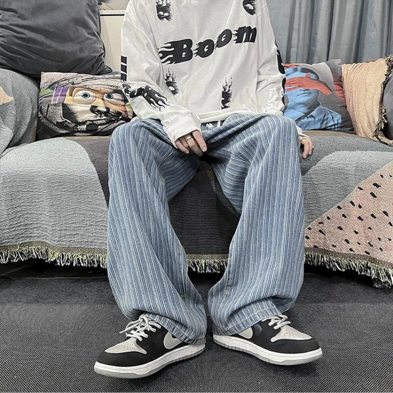 

Striped Blue Jeans for Men Wide Leg Fashion Hip Hop Denim Pants Elastic Waist High Street Vintage Male Casual Trousers