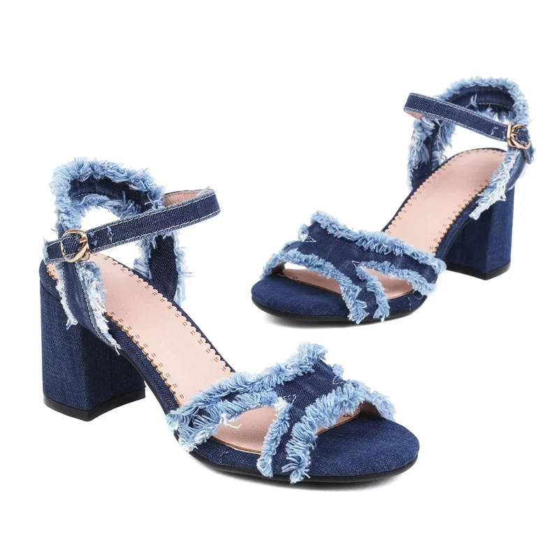 new ankle strap designer shoes women sandals thick high heels ladies dress party high heel fashion blue denim gladiator sandals
