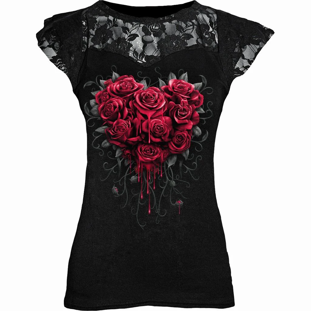

Goth Punk Plus Size Print Graphic Lace T-shirts Women Y2K Clothes Black Grunge Short Sleeve Hollow Out See Through Tee Tops 5XL