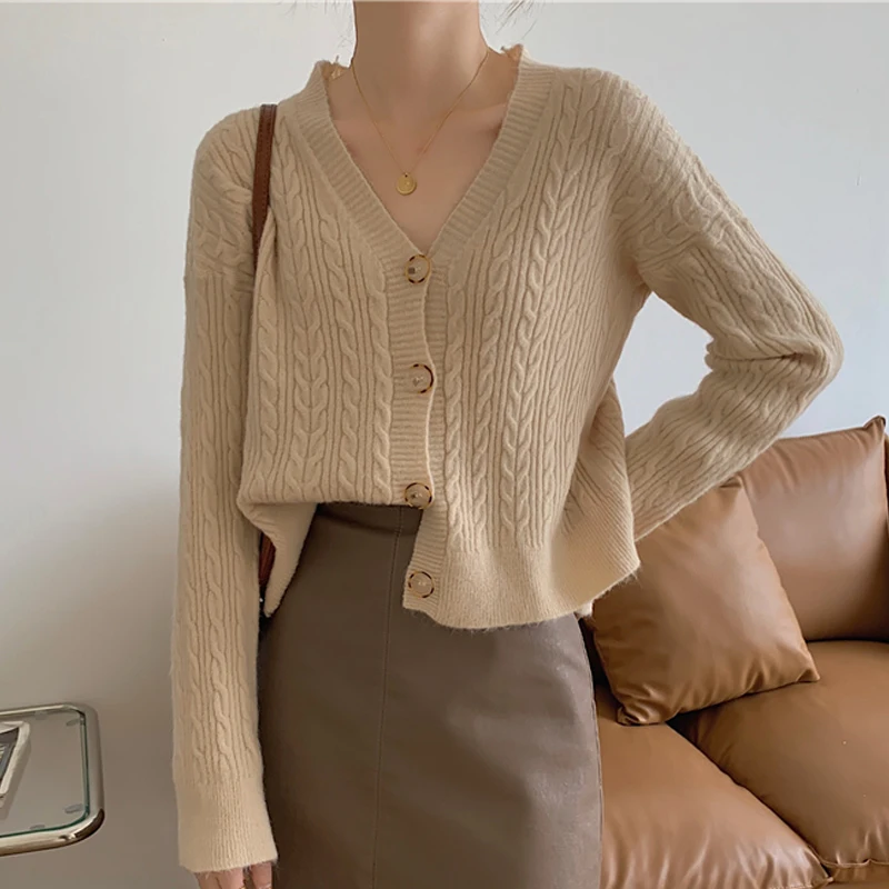 

Модное вязаное пальто, топ, элегантная Свободная куртка с длинным рукавом и переплетением, корейский Кардиган с V-образным вырезом, свитер, Ж...