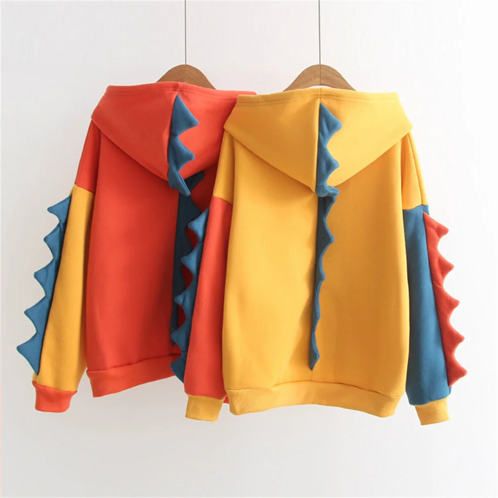 

Fleece sweater thickening cute dinosaur hit color hooded warm long-sleeved sweater student jacket