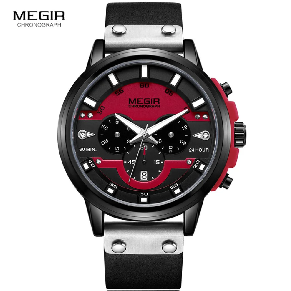 

MEGIR Men's Chronograph Quartz Watches Leather Army Sport Wristwatch Top Brand 2023 Man Clock Relogios Masculino 2080 Red