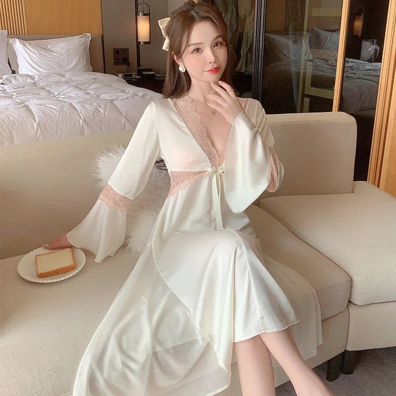 

Black Women Long Nightgown Sleepwear V-Neck Lace Hollow Out Nightdress Nightwear Summer Satin Robe Nighty Gown Home Wear Outfits