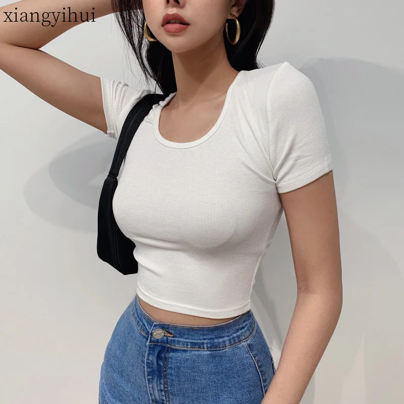 

Модная футболка цвета хаки на шнуровке с квадратным воротником, новинка 2022, летний кардиган с коротким рукавом, Черная Женская сексуальная ...