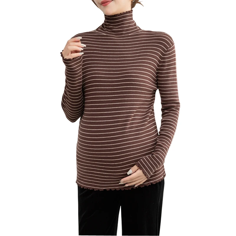 Топ для беременных кружевной воротник трикотажная Базовая футболка с горизонтальными полосками Осенняя зимняя одежда Одежда для беременных 0516