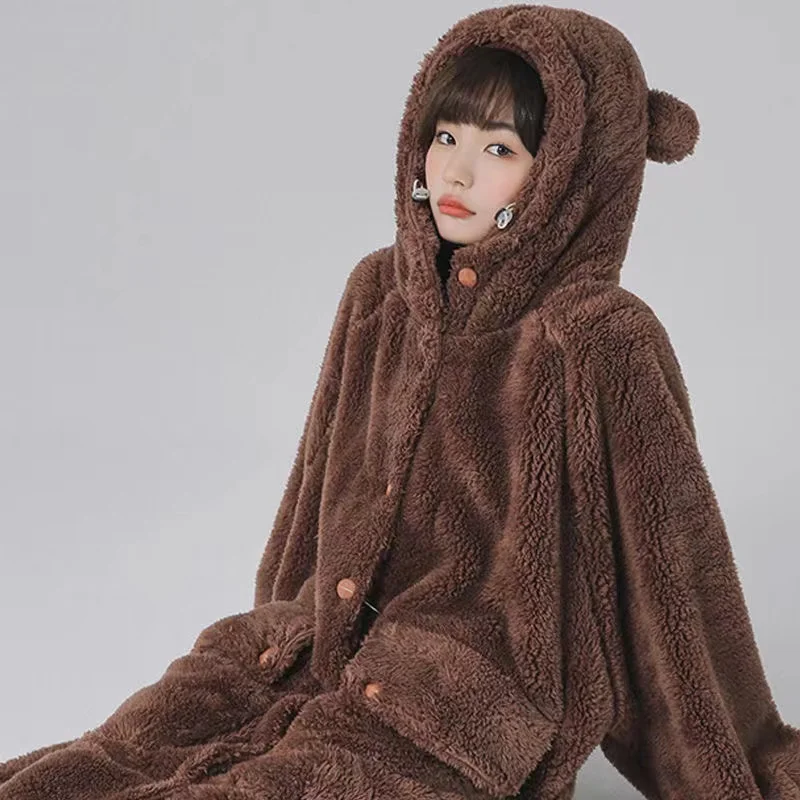 Winter Flannel Nightgown Women Coral Fleece Hoody Thicken Warm Long Sleeve Female Home Wear Bathrobe Woman