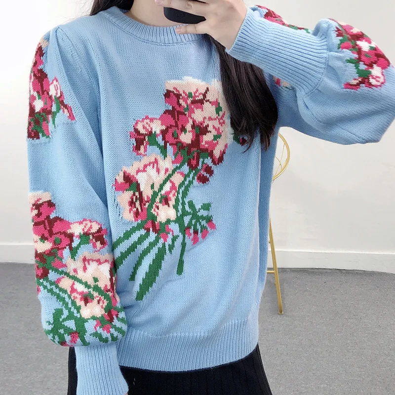

2023 Autumn Winter Women Jumpers Round Collar Flower Jacquard B Bubble Sleeve Short Blue Knit Top Women Slim Pullover Sweater