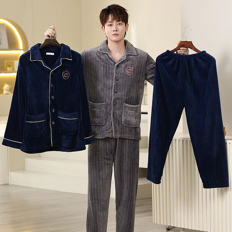 QUHENG 2022 Winter Pajamas for Man Set Flannel Plus Size Pijamas Pocket Buttons 2 Pieces Home Clothes Suits Pyjama Sleepwear