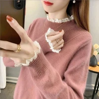 2021 autumn winter womens sweaters fashion ruffles high collar ladies sweater inner wear slim knitted pullovers fall clothes xl