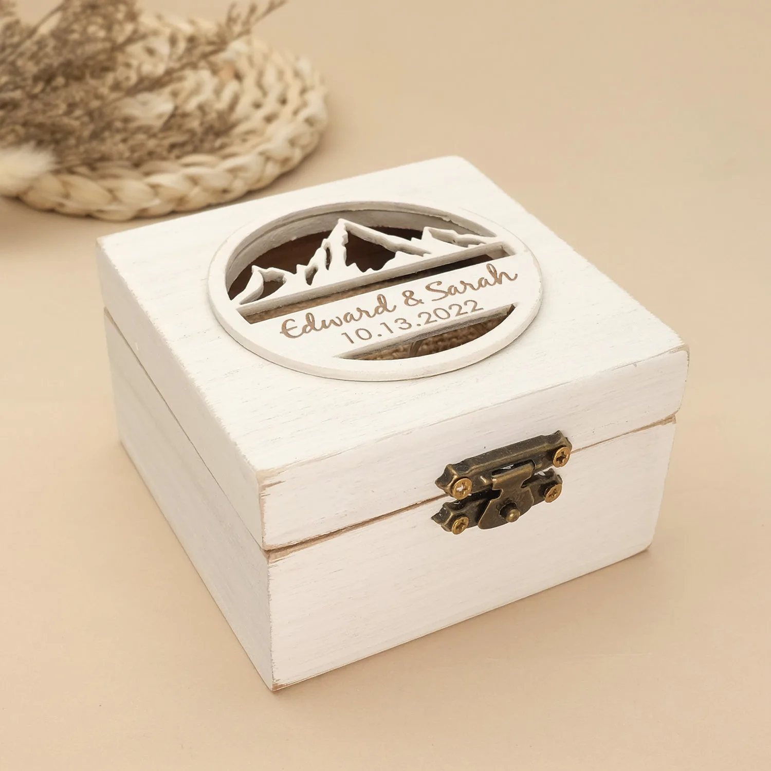 Personalized Wedding Ring Box Vintage Wooden Ring Box CustomWedding Ring Bearer Box Engagement Ring Holder Proposal Ring Pillow