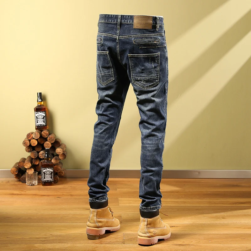 Street Fashion Men Jeans Vintage Blue Zipper Designer Elastic Stretch Skinny Ripped Jeans Men Spliced Hip Hop Biker Pants Hombre