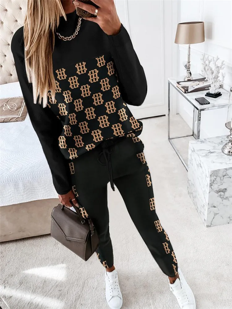 

2023 New Two Piece Sets Womens Contrast Leopard Colorblock Long Sleeve Top & Pants Set Fashion Tracksuits Casual Elegant Female
