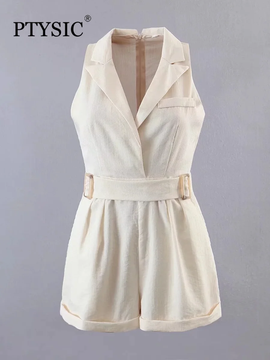 

PTYSIC Women Casual With Twill Notch Sashes Sleeveless Playsuits 2022 Summer Front Pockets Back Zipper Office Lady Bodysuits