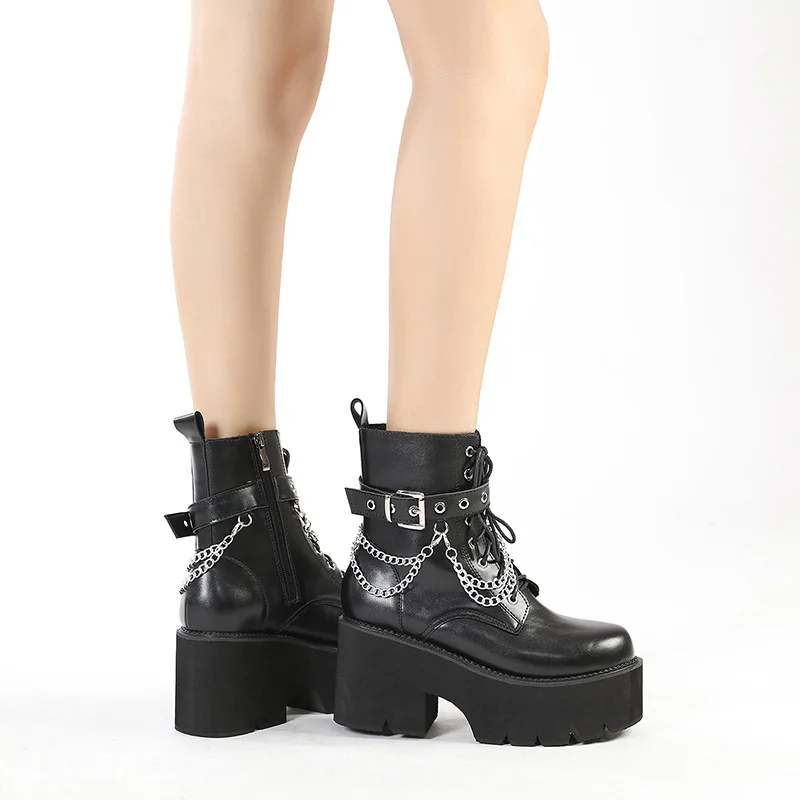 2023 Spring Thick-heel Muffin Martin Boots Fall-winter Waterproof Platform Side Zipper Big Size Boots Metal Chain Fashion Boots