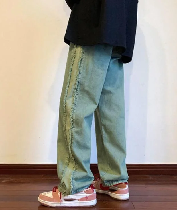 Men Jeans European American High Street Raw Edge Loose Jeans Men's Hip Hop Straight Wide Leg Casual Trousers