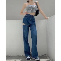 chic side hollow out long jeans for women spring summer streetwear high waist loose straight jeans lady wide leg jeans pants