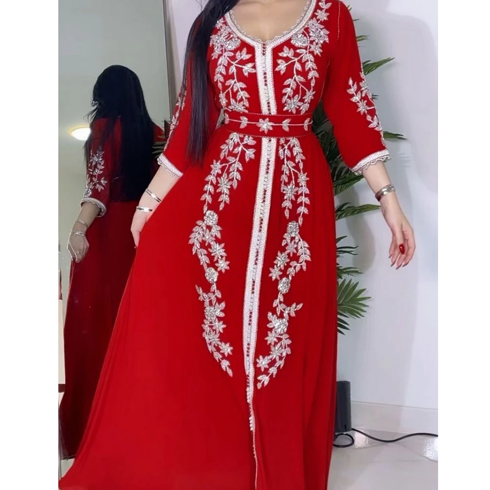 

Wepbel Embroidered Caftan Robe Evening Gown Islamic Clothing Muslim Abaya Women Arab Dress Eid Party Long Sleeve Abaya Kaftan