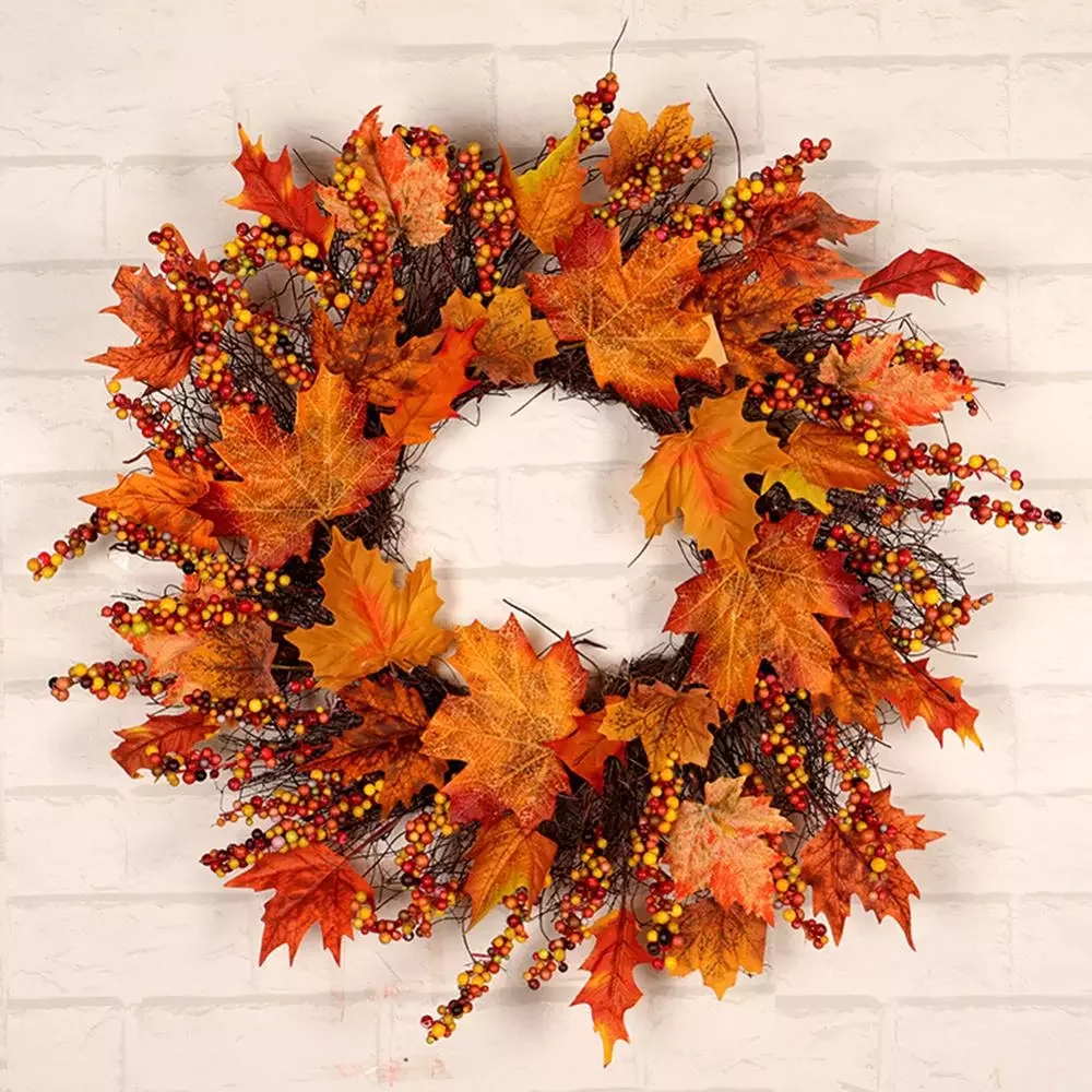 

2022 45cm Autumn Wreath Christmas Decoration Thanksgiving Garland Window Restaurant Home Maple Leaf Decoration Wreath Door