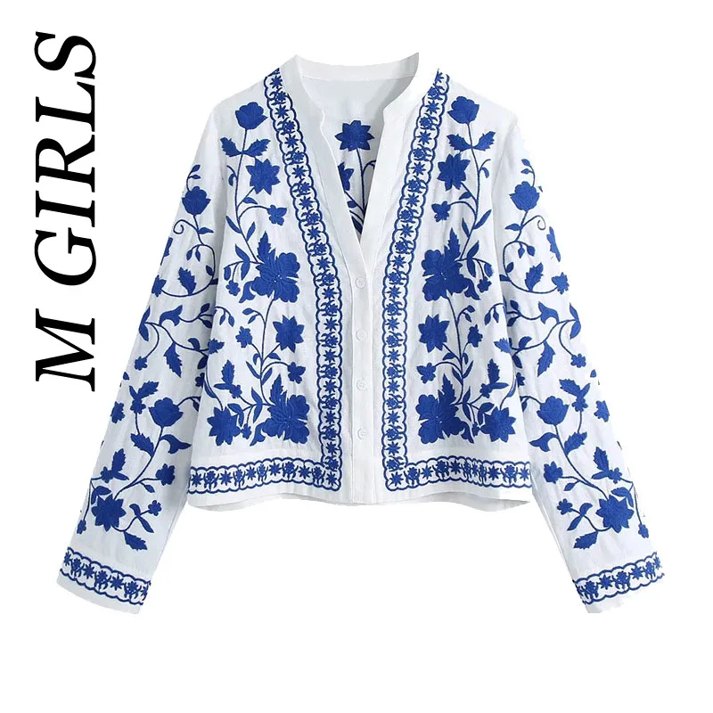 M GIRLS Women  Fashion Floral Embroidery Loose Blouses Vintage Long Sleeve Button-up Female Shirts Blusas Chic Tops