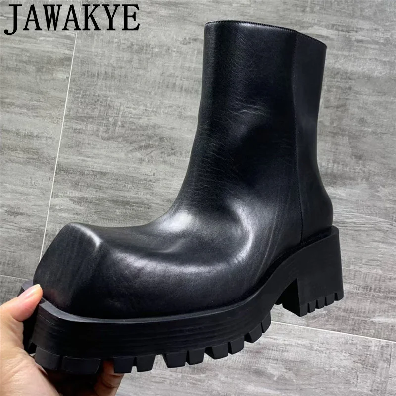 

Genuine Leather Slip On Ankle Boots Men Shoes Square Toe Mid-calf Boots For Men Height Increased Men Boots Designer Shoes Male