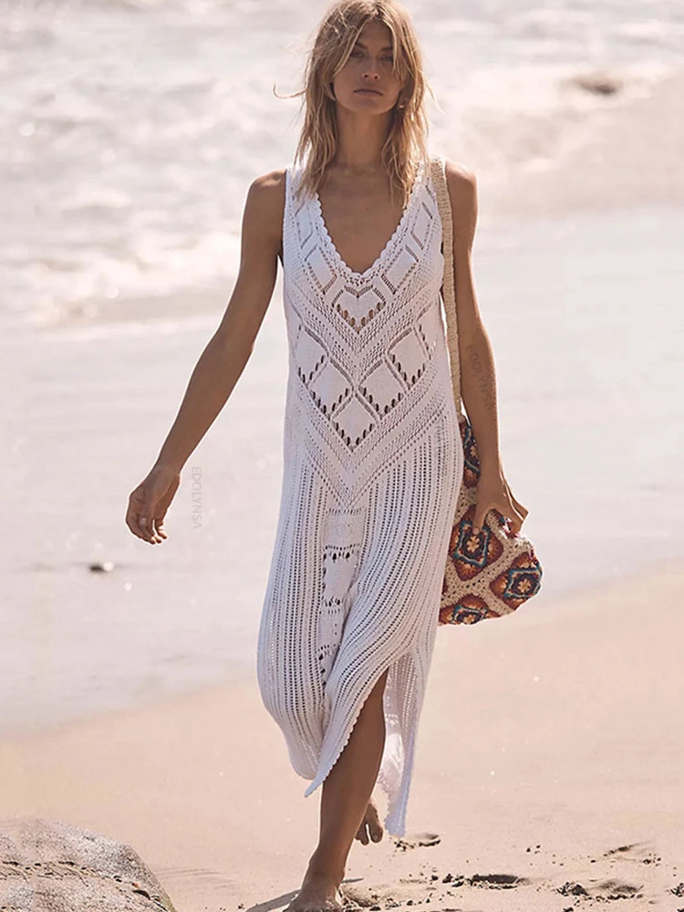 

2022 Sexy Sleeveless Bikini Cover-ups White Crochet Tunic Knitted Summer Beach Dress Women Beach Wear Swim Suit Cover Up