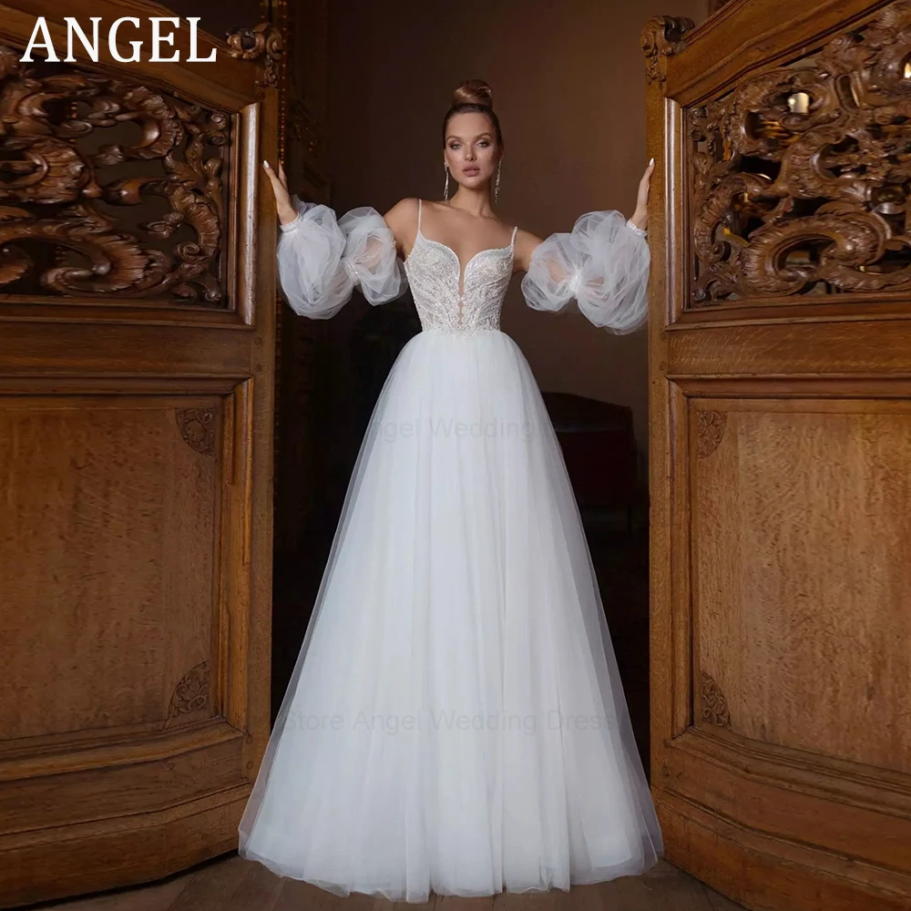 Фото Белое Тюлевое свадебное платье с а-силуэтом ANGEL Princess, свадебное платье в стиле бохо с длинными рукавами-фонариками, свадебная одежда на бретелях-спагетти для невесты №1