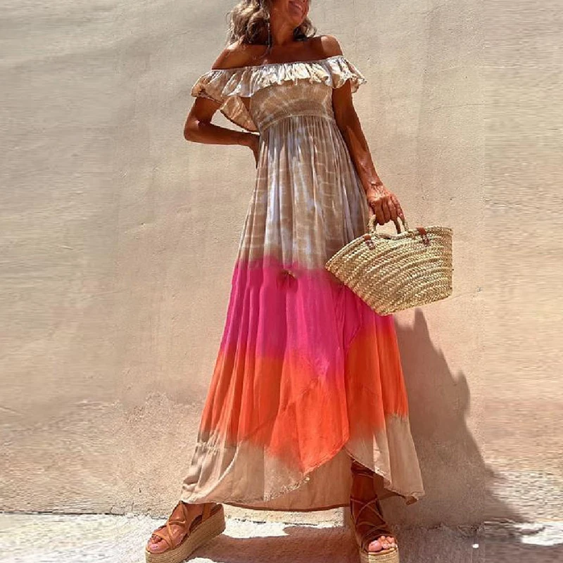 

Summer Off Shoulder Tie Dye Long Dress Elegant Slash Neck Gradient Backless Party Dress New High Waist A-line Pleat Split Dress