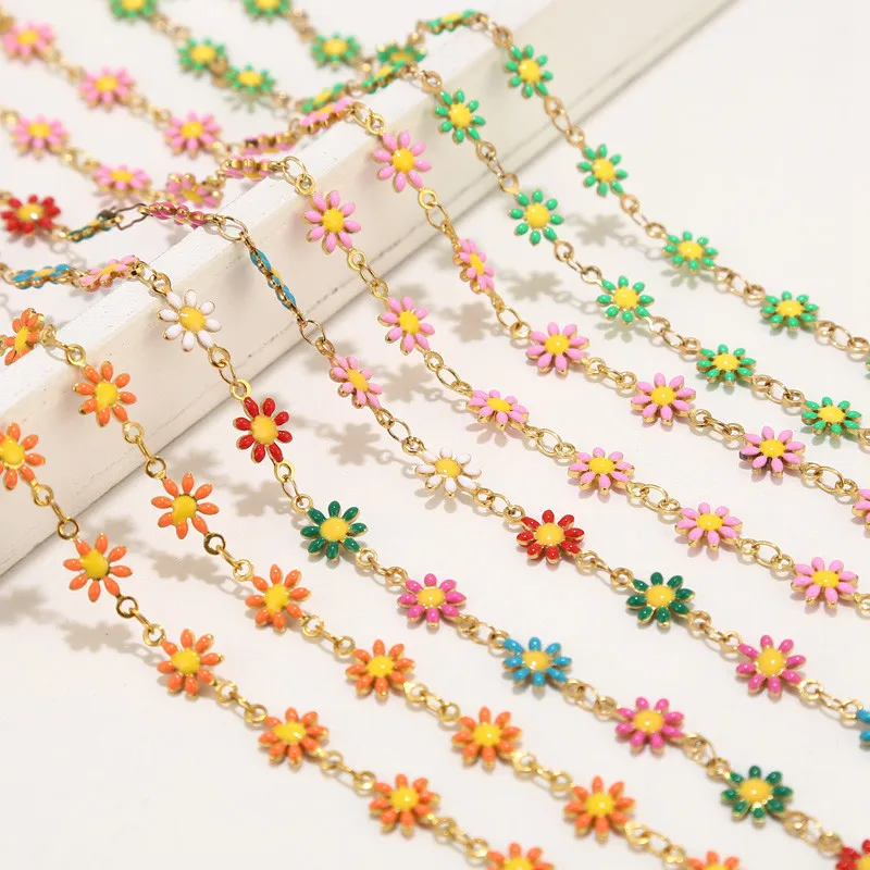 

1M No Fade Stainless Steel Gold Enamel Multi-color Flower Link Chains for Women Necklace Bracelet DIY Jewelry Making Supplies