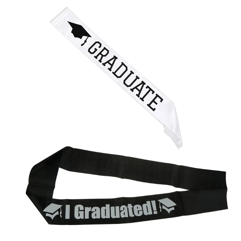 

I Graduated Letters Satin Sash Black White Single Sided Print Graduation Shoulder Strap Celebration Party Decoration Photo Props