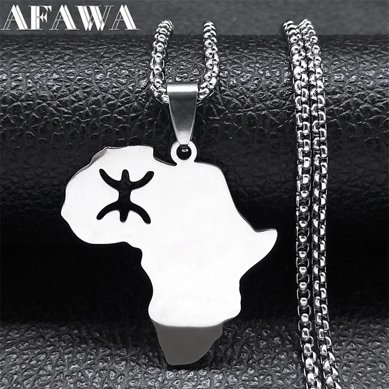 

African Map Berber Amazigh Necklaces for Women Men Stainless Steel Silver Color Africa Necklace Jewelry kabyle berbere N8087S02